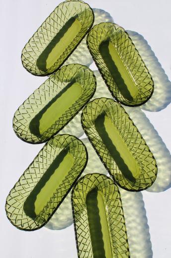 Indiana pretzel avocado green glass serving dishes, long bowls or celery trays 