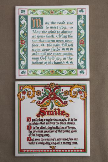 Irish Blessing & Smile motto tiles, vintage Berggren tile kitchen trivets