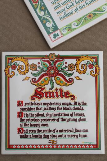 Irish Blessing & Smile motto tiles, vintage Berggren tile kitchen trivets