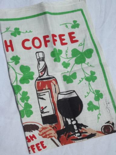 Vintage Anthropomorphic Linen Kitchen Tea Dish Towel Irish Coffee Recipe Ireland 