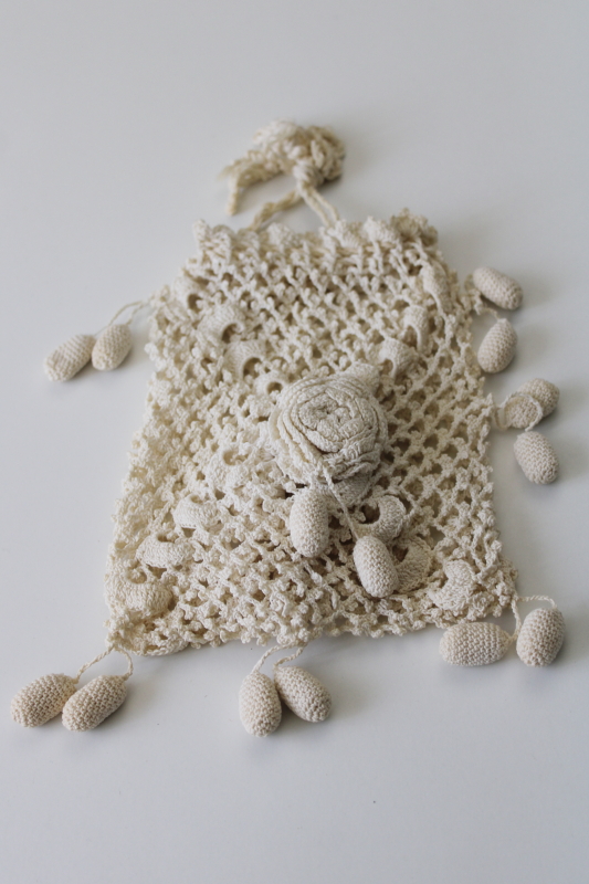 Irish crochet vintage cotton lace purse, tiny drawstring bag for brides wedding day hanky