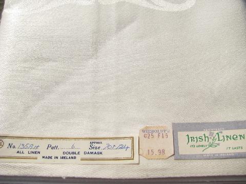 Irish linen double damask huge vintage tablecloth, mint condition w/ original label