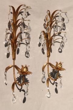 Italian tole vintage gold metal wall sconce candle holders w/ glass teardrop prisms