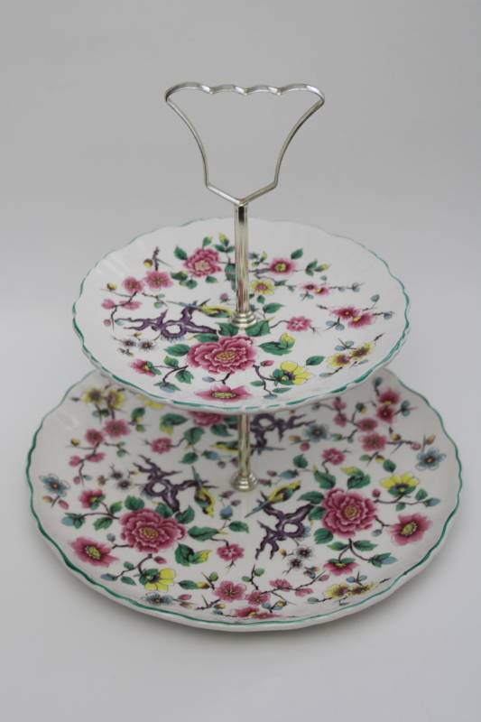 James Kent Old Foley Chinese Rose china tiered tray, chinoiserie floral w/ birds