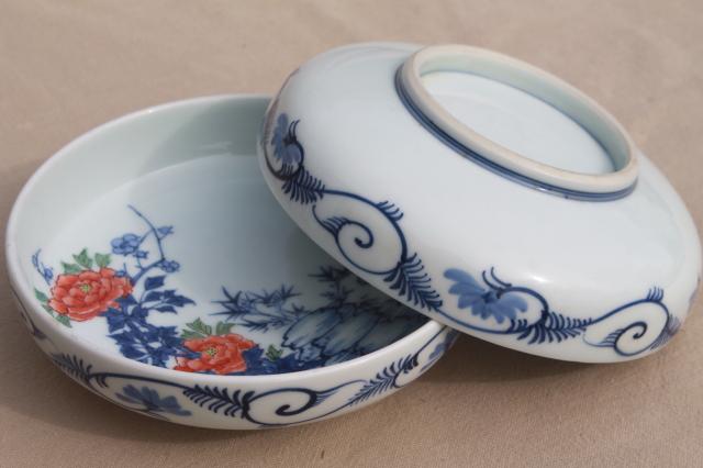 Japanese porcelain dishes w/ red & blue floral, shallow bowls for rice ...