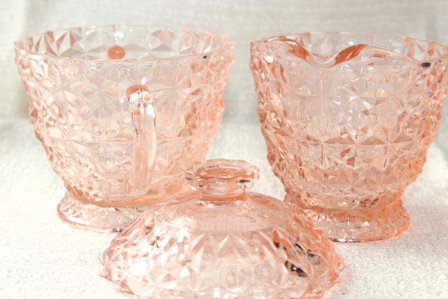 Jeannette buttons and bows holiday pattern blush pink glass cream and sugar set