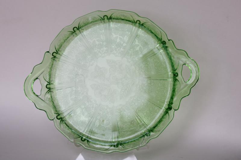 Jeannette cherry blossom pattern green depression glass round tray or plate, 1930s vintage