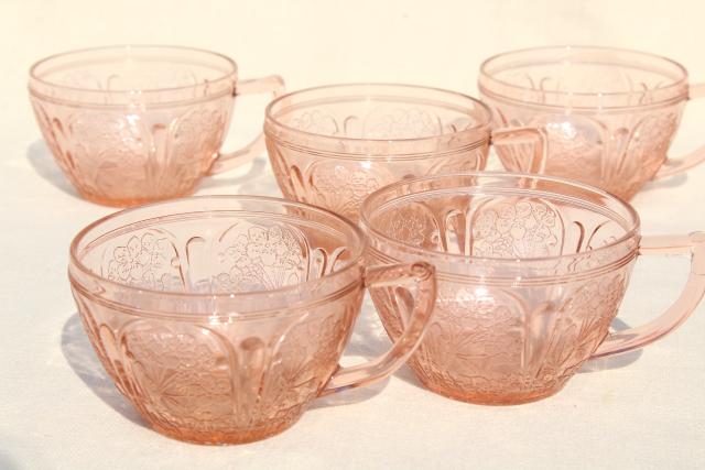 Jeannette cherry blossom pink depression glass tea cups, vintage blush pink glassware