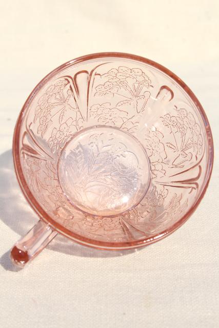 Jeannette cherry blossom pink depression glass tea cups, vintage blush pink glassware