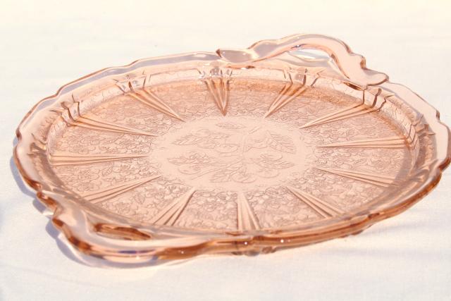 Jeannette cherry blossom vintage pink depression glass handled plate or serving tray