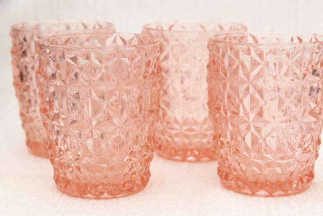 Jeannette holiday buttons and bows pattern flat tumblers, vintage pink depression glass