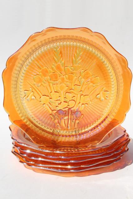 Jeannette iris & herringbone dinner plates, vintage marigold iridescent carnival glass