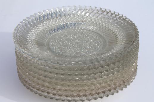 Jersey swirl pattern pressed glass, 8 antique vintage glass dinner plates