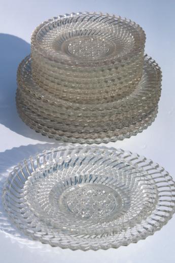 Jersey swirl pattern pressed glass, antique vintage glass salad plates & bread plates