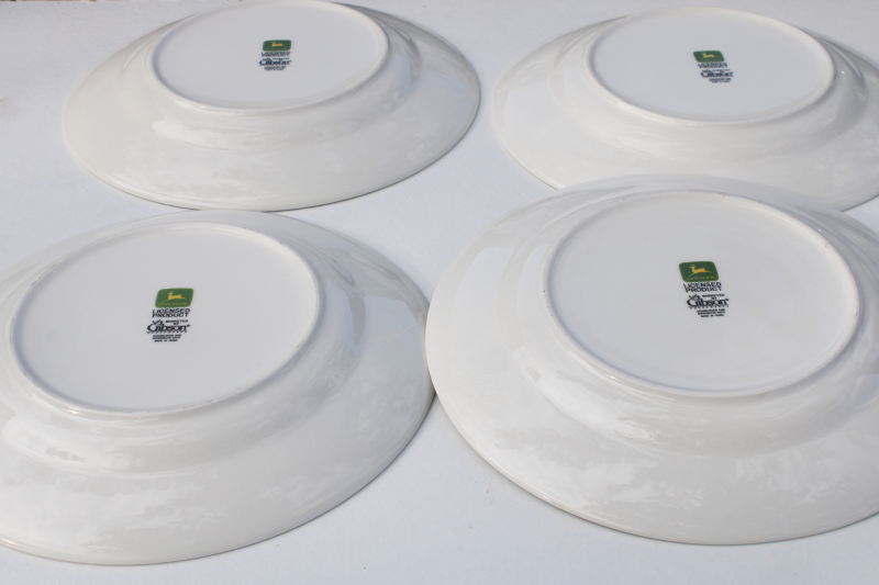 John Deere ceramic dinnerware set of four unused dinner plates, vintage Gibson china