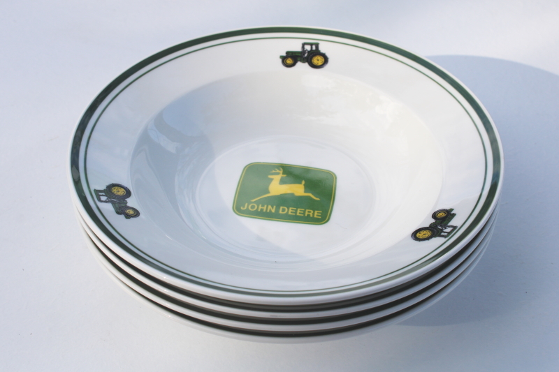 John Deere ceramic dinnerware set of four unused soup bowls, vintage Gibson china