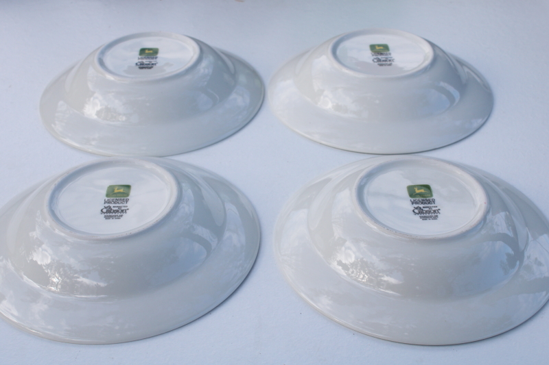 John Deere ceramic dinnerware set of four unused soup bowls, vintage