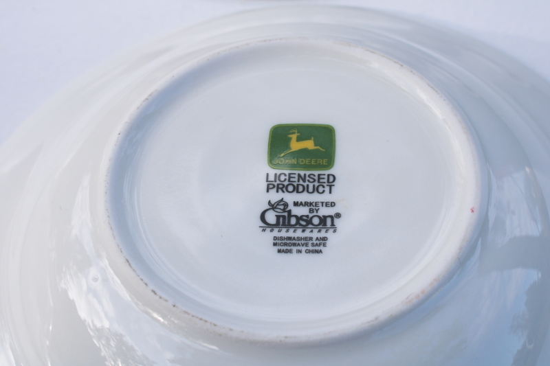 John Deere ceramic dinnerware set of four unused soup bowls, vintage Gibson china
