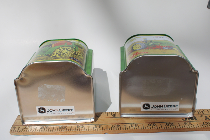 John Deere collectible metal tins, old tractors print small bin type canisters