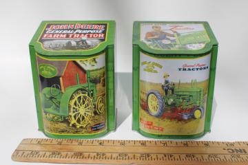 John Deere collectible metal tins, old tractors print small bin type canisters