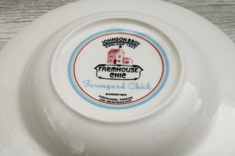 Johnson Bros Farmhouse Chic china soup bowls, barn red print border plain center