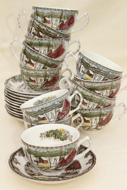Johnson Bros Friendly Village 12 cup & saucer sets, vintage china teacups & saucers