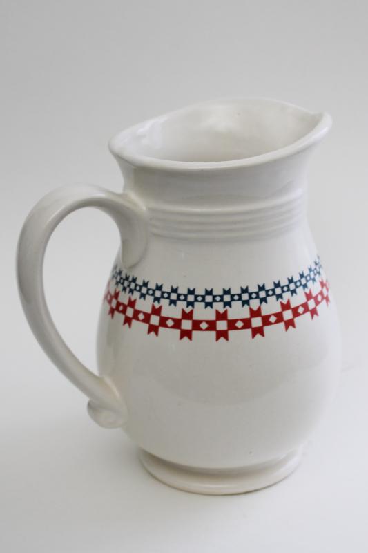 June is Dairy Month 1980s vintage stoneware milk pitcher, red white blue quilt border