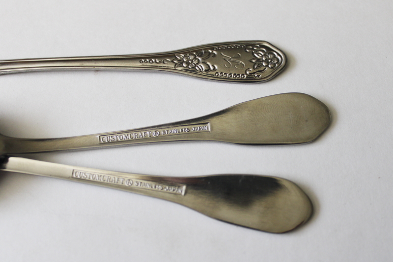 K monogram vintage flatware, ornate handle tea spoons Customcraft stainless Japan