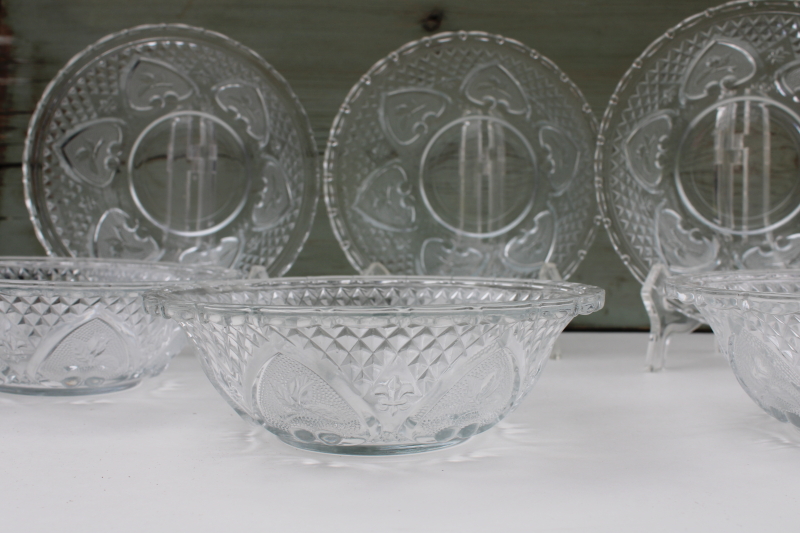 KIG crystal clear glass bowls set of 6, hearts roses vintage style pressed glass