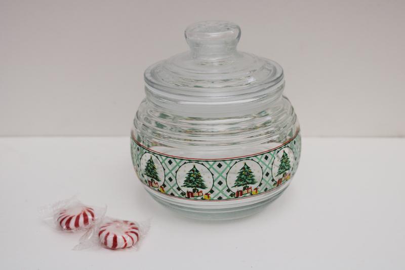 KIG glass canister jar, holiday candy dish w/ Christmas tree print mint green plaid