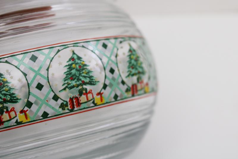 KIG glass canister jar, holiday candy dish w/ Christmas tree print mint green plaid