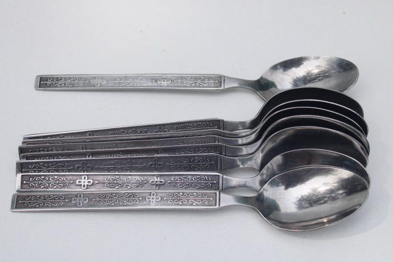 Kashmir pattern National stainless soup spoons set of 8, vintage 1970s MCM style