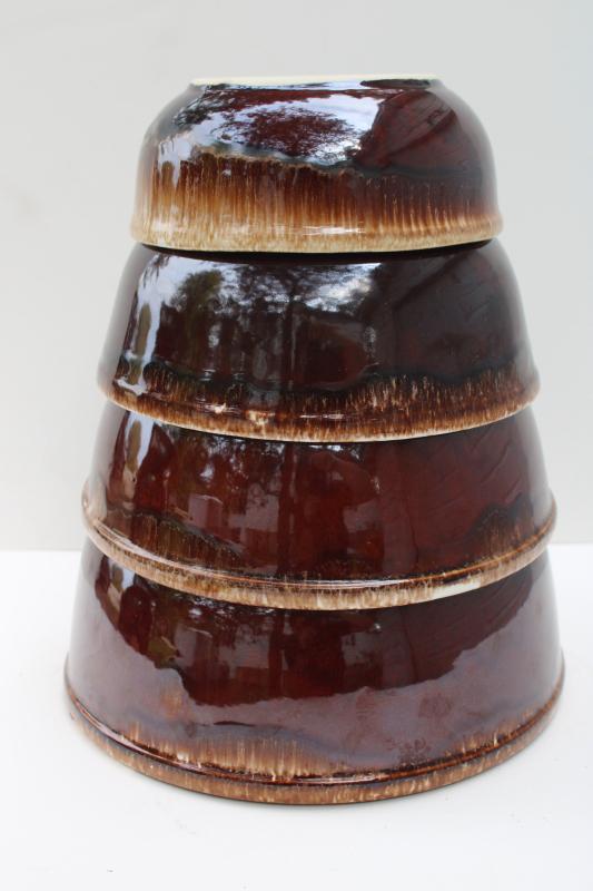 Kathy Kale brown drip glaze McCoy pottery stack of nesting mixing / serving bowls