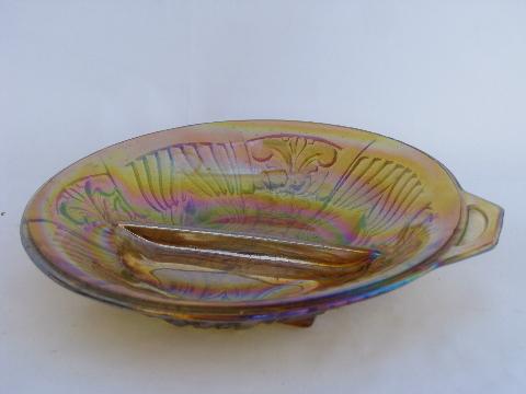 Kilarney marigold carnival luster glass divided pickle dish relish plate, vintage Indiana
