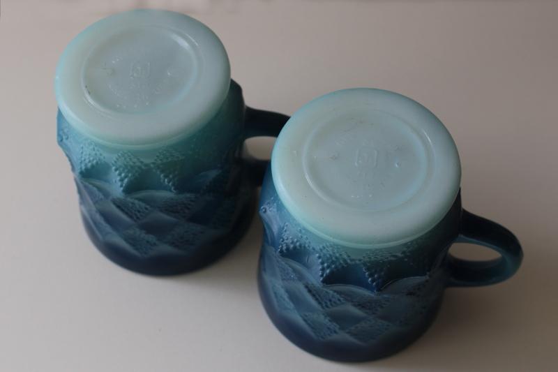 Kimberly pattern shaded blue color milk glass mugs, vintage Anchor Hocking