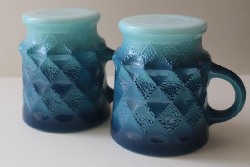 Kimberly pattern shaded blue color milk glass mugs, vintage Anchor Hocking