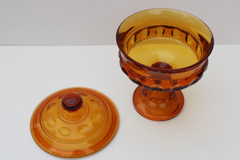 Kings Crown pattern amber glass candy dish w/ lid, mid-century mod vintage glassware