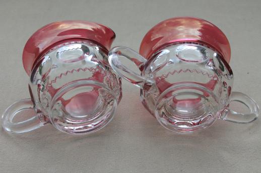 King's Crown pattern glass cream & sugar set w/ ruby band red flashed color