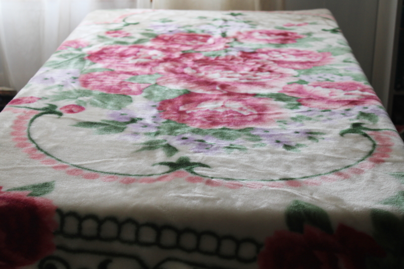 Korean mink soft heavy plush blanket queen size, vintage roses print pink green