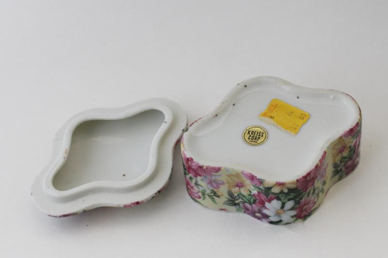 Kreiss Japan ceramic vintage chintz china trinket box, cottage chic floral print