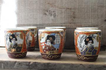 Kutani ware vintage hand painted Japan porcelain Geisha girl tea cups or glasses