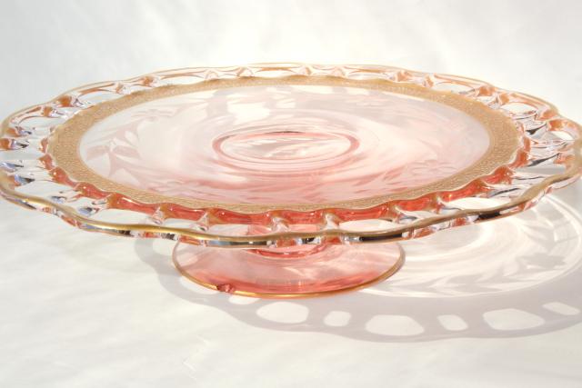 Lancaster glass open work lace edge cake stand, 30s vintage pink depression w/ gold