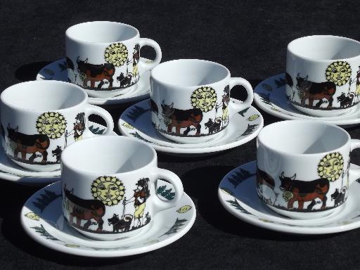 Langenthal Switzerland china cups and saucers, Alpine brown Swiss cows on mountain