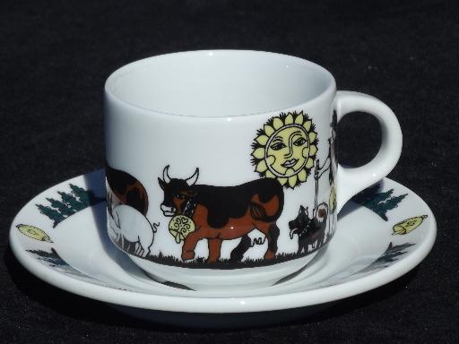 Langenthal Switzerland china cups and saucers, Alpine brown Swiss cows on mountain