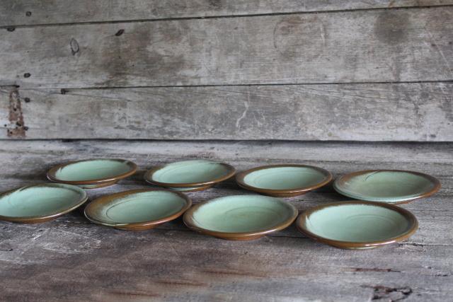 Lazy Bones Frankoma pottery prairie green / brown small plates or saucers
