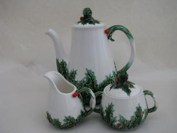Lefton - Japan, vintage Christmas holly pattern tea pot or coffee set w/ cream & sugar