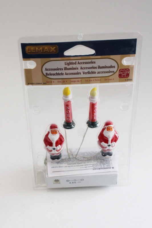 Lemax Christmas village accessories, sealed light up Santas, candles blow mold miniatures 