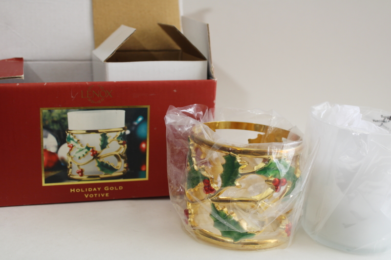 Lenox Christmas holly holiday gold votive in box, metal candle holder w/ glass insert