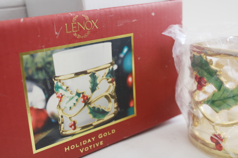 Lenox Christmas holly holiday gold votive in box, metal candle holder w/ glass insert