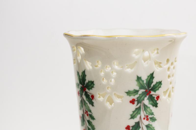 Lenox china holly pattern gold trim pierced border vase, Christmas holiday